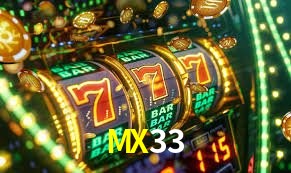 Una escena digital vívida inspirada en casino con MX33 mostrado prominentemente, luces brillantes, fichas, cartas y acentos dorados.